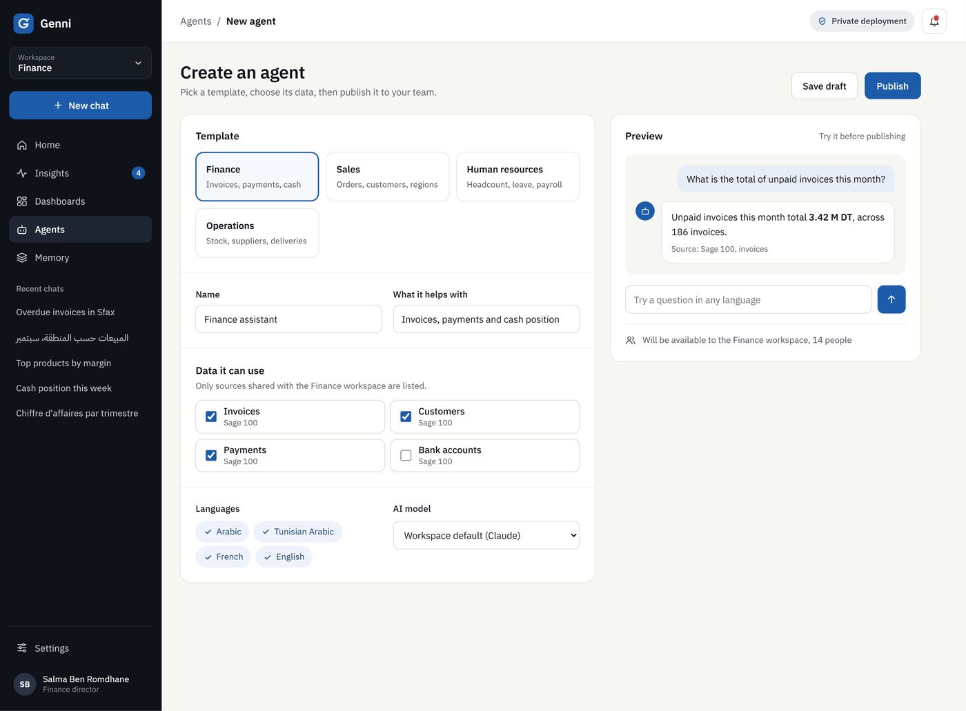 The Create an agent screen with templates, data sources, languages, AI model and a live preview