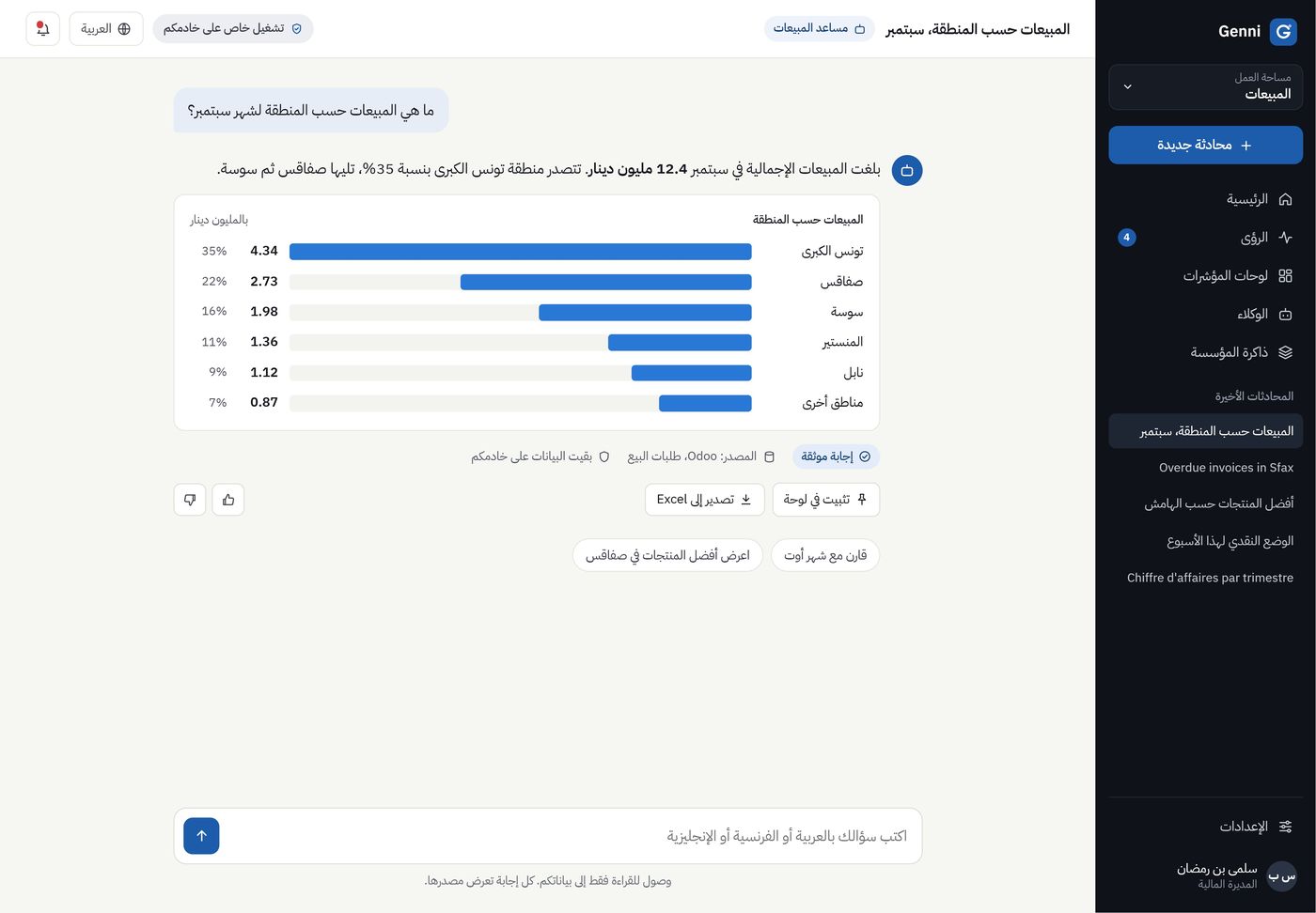 Genni in Arabic: September sales by region as a bar chart, with a verified answer and its source
