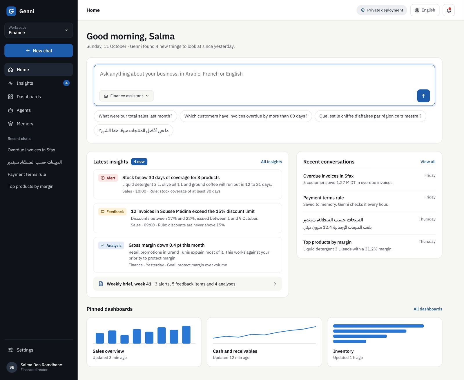 Genni home screen: an ask box, the latest insights, recent conversations and pinned dashboards