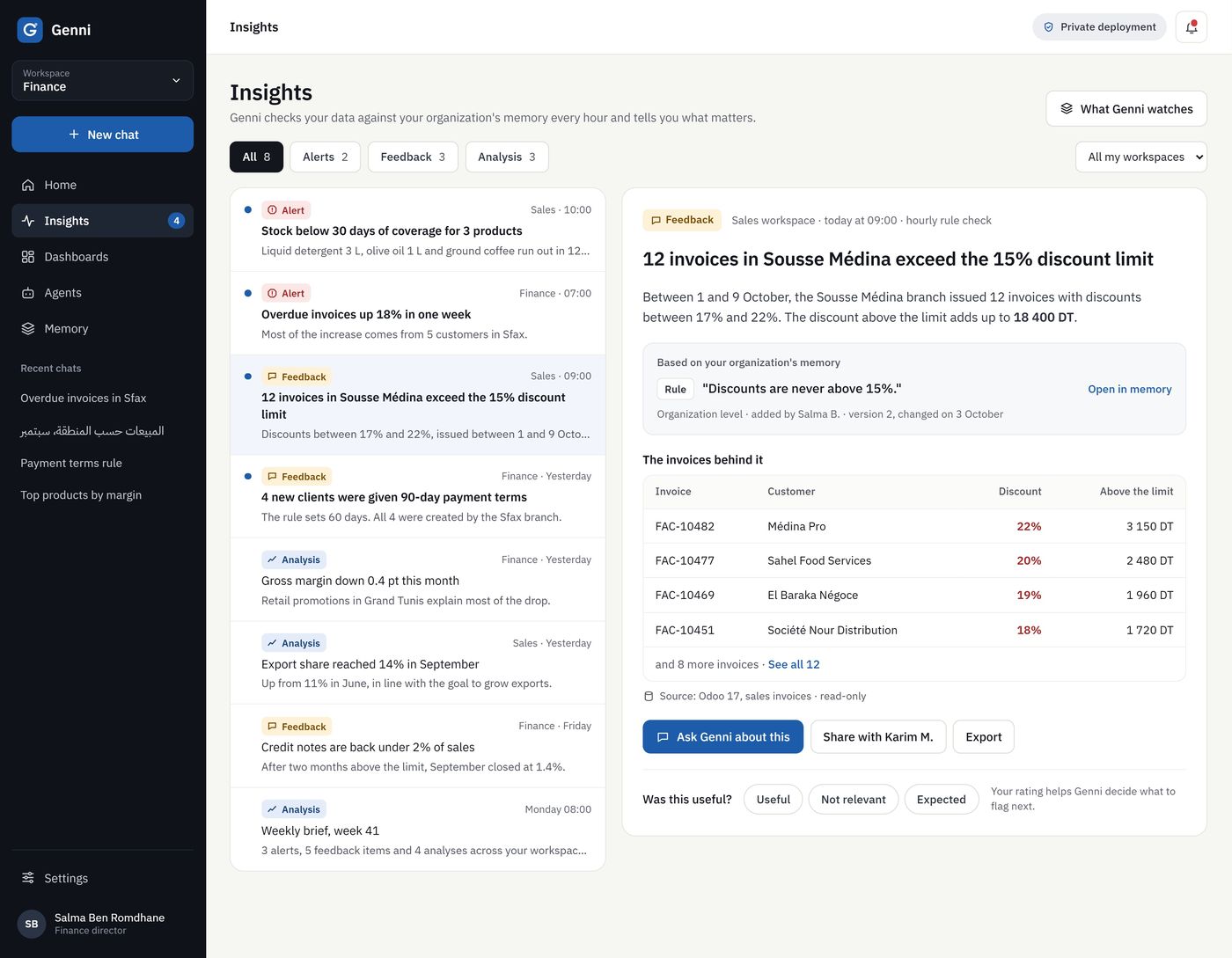 The Genni insights page with alerts, feedback and analysis, and the invoices behind one finding